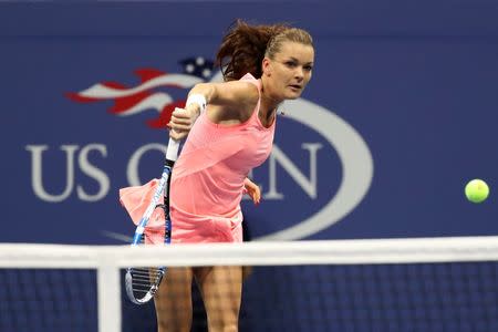 Sep 5, 2016; New York, NY, USA; Agnieszka Radwanska of Poland hits a volley against Ana Konjuh of Croatia (not pictured) on day eight of the 2016 U.S. Open tennis tournament at USTA Billie Jean King National Tennis Center. Mandatory Credit: Geoff Burke-USA TODAY Sports