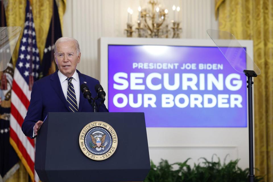 President Joe Biden speaks about his executive order limiting asylum on June 4, 2024, at the White House. <a href="https://www.gettyimages.com/detail/news-photo/president-joe-biden-delivers-remarks-on-an-executive-order-news-photo/2156087705?adppopup=true" rel="nofollow noopener" target="_blank" data-ylk="slk:Kevin Dietsch/Getty Images;elm:context_link;itc:0;sec:content-canvas" class="link ">Kevin Dietsch/Getty Images</a>