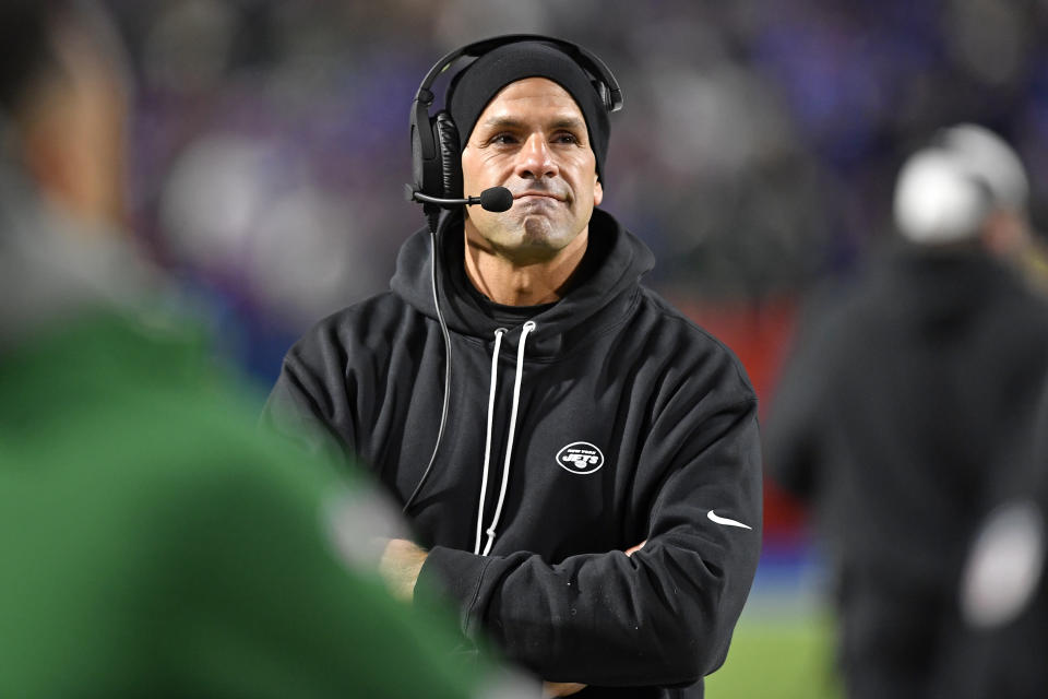 New York Jets head coach Robert Saleh looks at the scoreboard during the second half of an NFL football game against the Buffalo Bills in Orchard Park, N.Y., Sunday, Nov. 19, 2023. (AP Photo/Adrian Kraus)