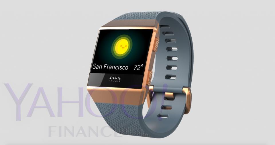 A photo of Fitbit's upcoming smartwatch, which was leaked to Yahoo Finance.