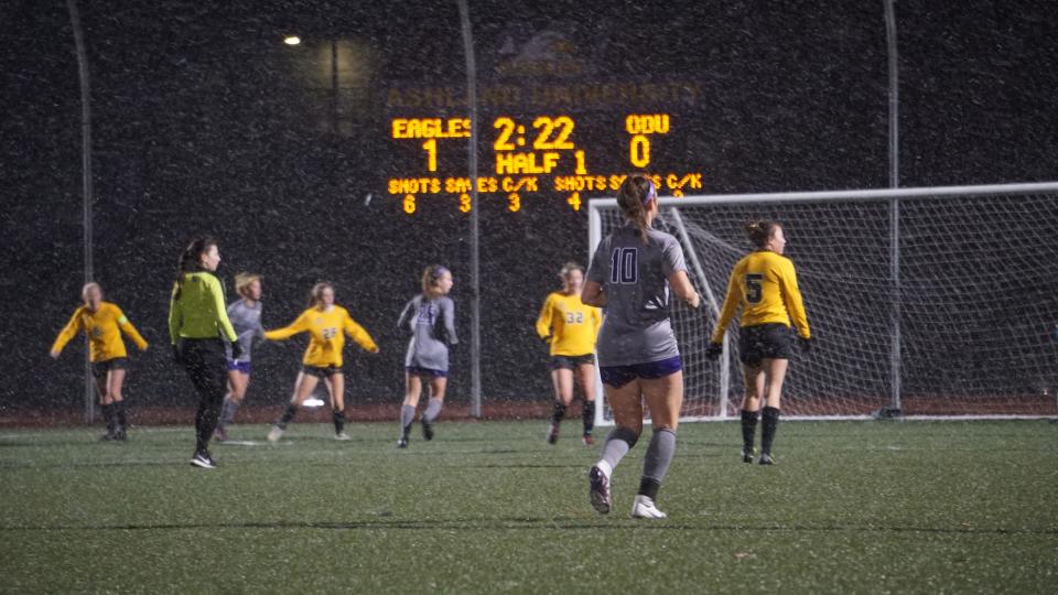 Ashland and Ohio Dominican play through the snowy conditions.