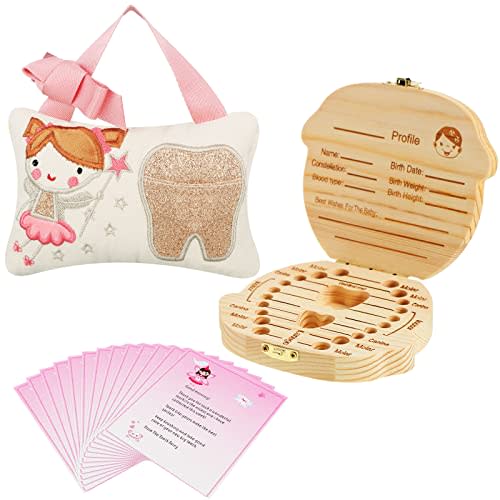 Tooth Fairy Kits Includes 3.9 x 5.9 Inch Cute Tooth Fairy Pillow, Wooden Tooth Keepsake Box Tooth Container and 20 Tooth Fairy Letters (Girl Style)