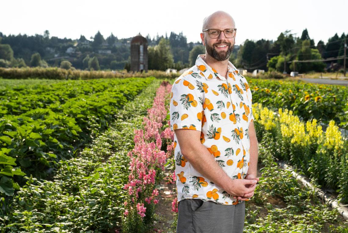 Cameron Severns, who will run against Cyndy Jacobsen for the State Representative District 25 Position 2 in the general election, poses for a portrait at Sterino Farms in Puyallup, Wash. on August 19, 2022.