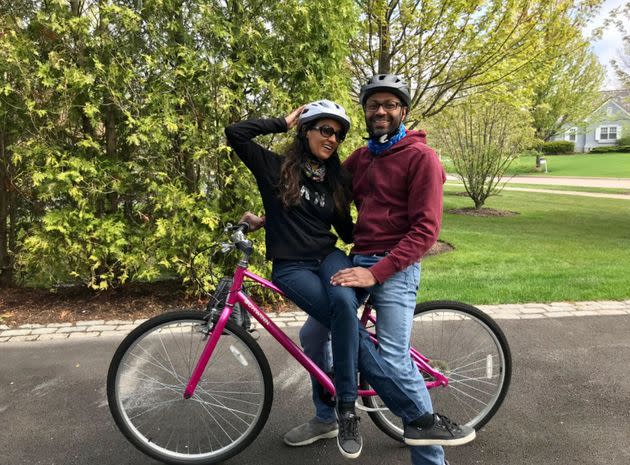The author and Rupesh on a pandemic bike ride in 2020. (Photo: Courtesy of Anita Vijayakumar)