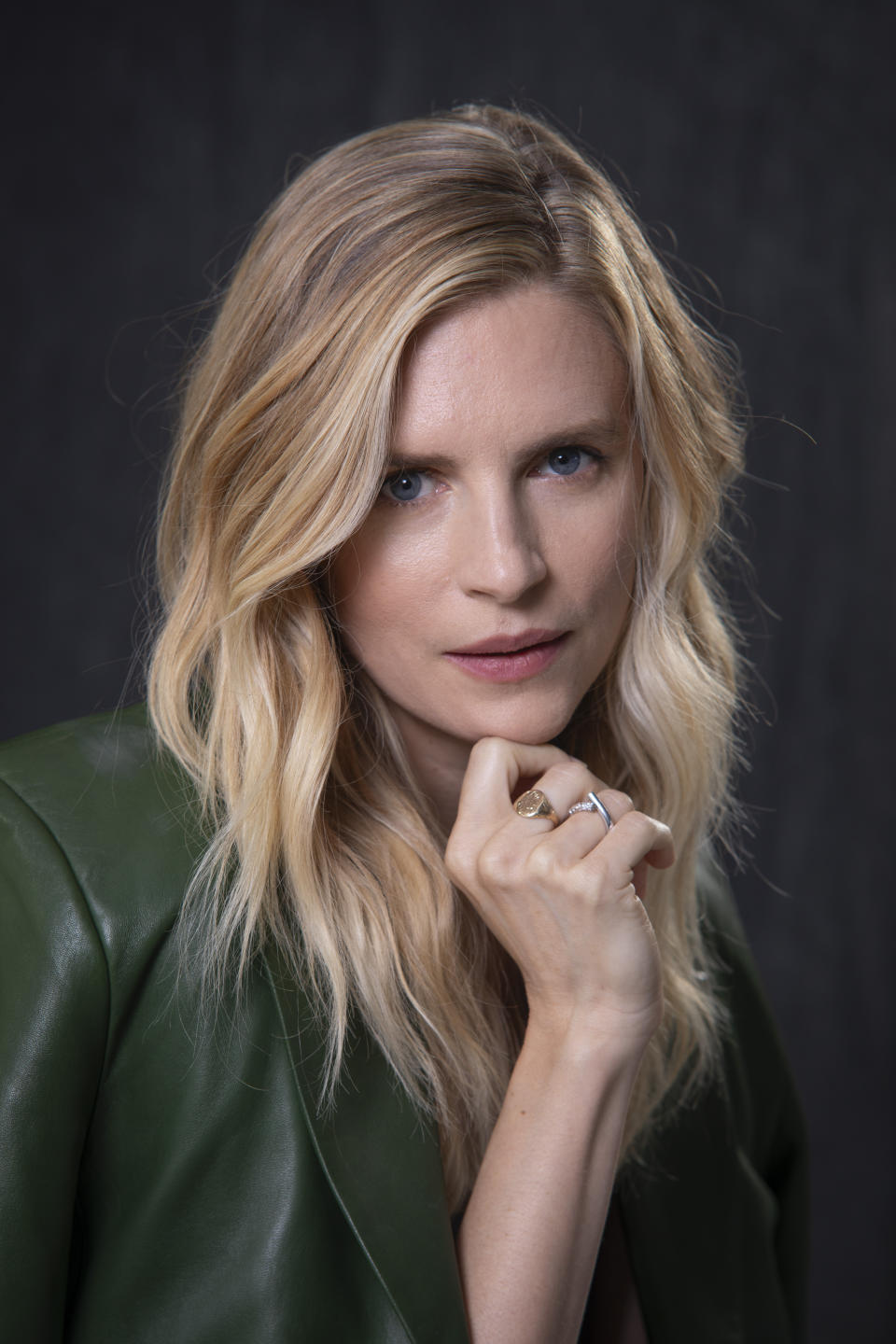 Brit Marling poses for a portrait on Wednesday, Oct. 11, 2023, in New York, to promote her series "A Murder at the end of the World." (Photo by Andy Kropa/Invision/AP)