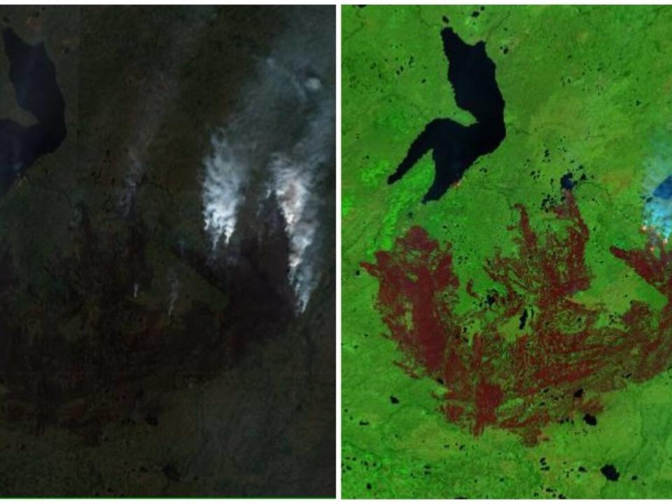 Satellite imagery shows the wildfire burning near Sambaa K'e on June 5, 2023. On the left is the true colour of the landscape, and on the right is an image using short wave infrared measurements. The community sits on the southeast shore of Sambaa K'e lake. (Sentinel-2/European Space Agency - image credit)