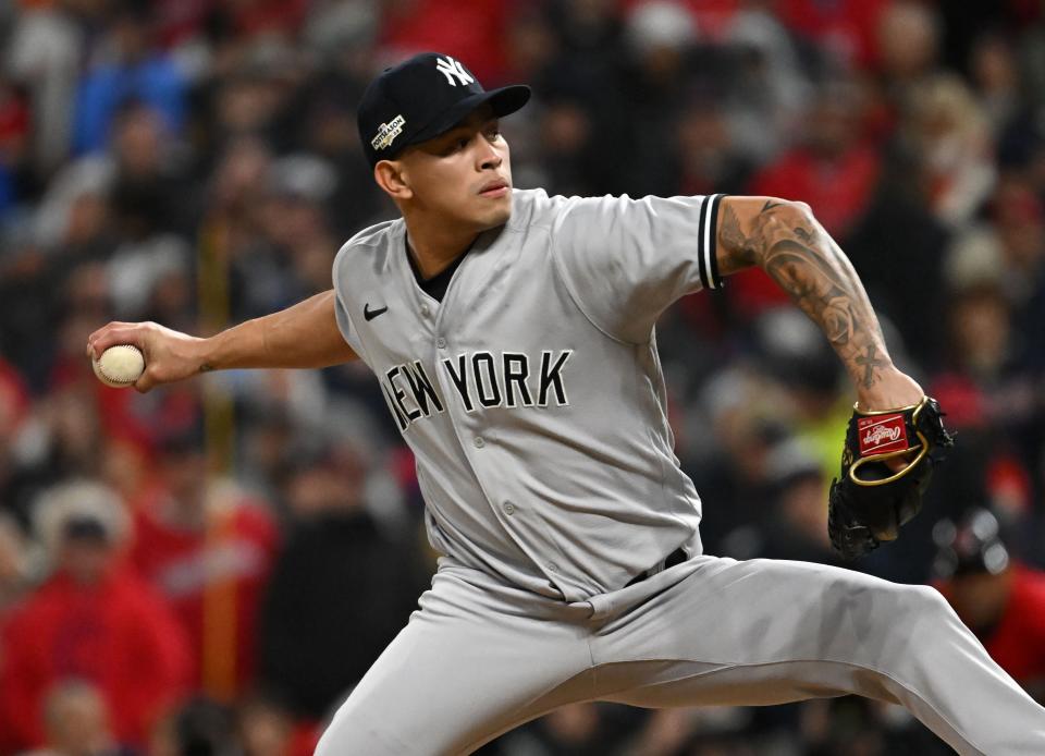 Oct 15, 2022; Cleveland, Ohio, USA; New York Yankees relief pitcher Jonathan Loaisiga (43) throws a pitch against the Cleveland Guardians in the seventh inning during game three of the NLDS for the 2022 MLB Playoffs at Progressive Field. Mandatory Credit: Ken Blaze-USA TODAY Sports