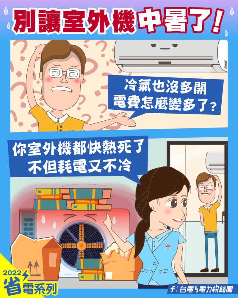 ▲台電建議使用分離式冷氣室外機時，散熱方向前方不要有遮蔽物，且周圍不要堆放物品。（圖／翻攝台電電力粉絲團臉書）