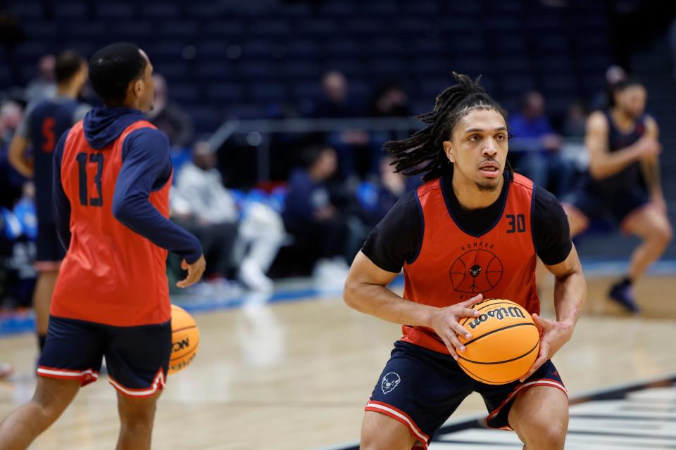 Howard Bison guard Joshua Strong (30) plays the ball during NCAA Tournament First Four Practice at UD Arena.