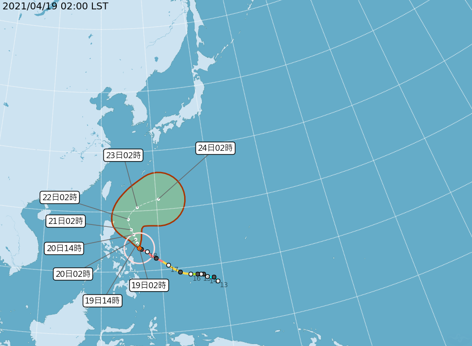 「舒力基」颱風雖然持續向西北西前進，但預測週四（22日）後就會在菲律賓呂宋島附近轉彎轉向，對台灣沒有直接影響。   圖：中央氣象局/提供