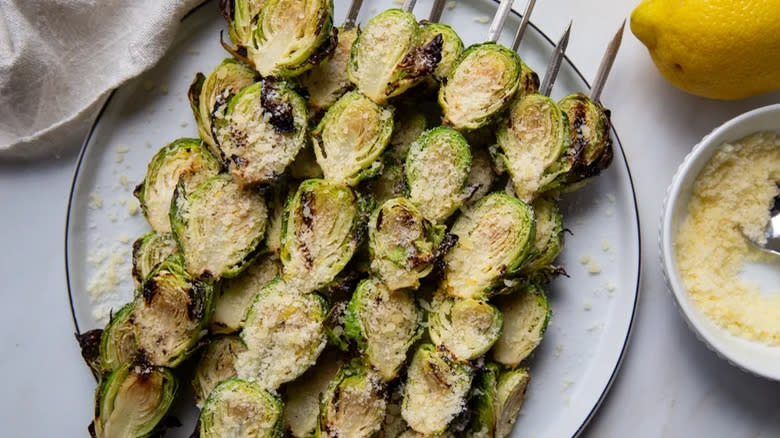 Grilled Brussels sprouts on skewers with Parmesan