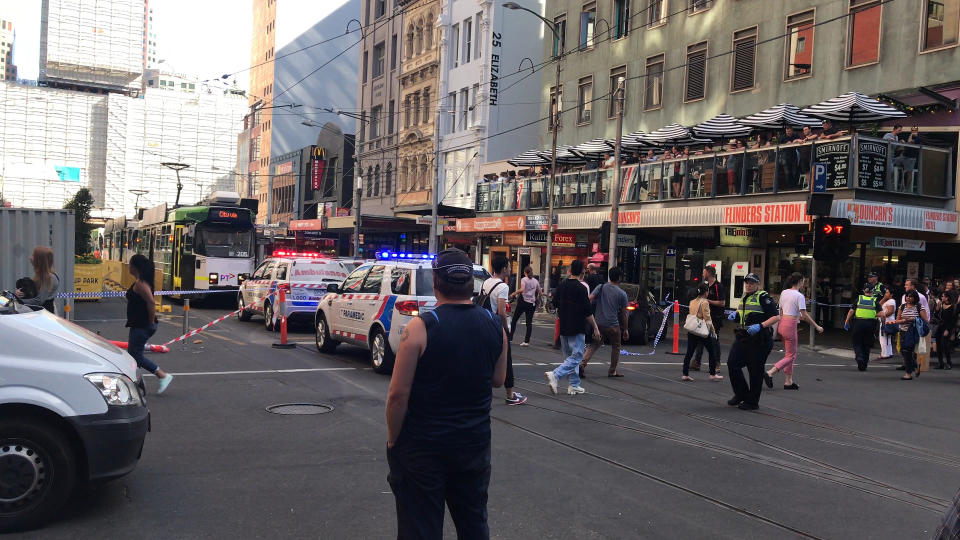 <em>Aftermath – witnesses described seeing people “flying everywhere” as the car was driven at speed along Flinders Street at around 4.30pm local time</em>