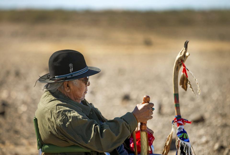 Quechan elder Preston Arrow-weed shares stories and sings songs on BLM land at Indian Pass in California on Jan. 30, 2021. He does not want the proposed gold mining claim to ruin the land he and his tribe find sacred.