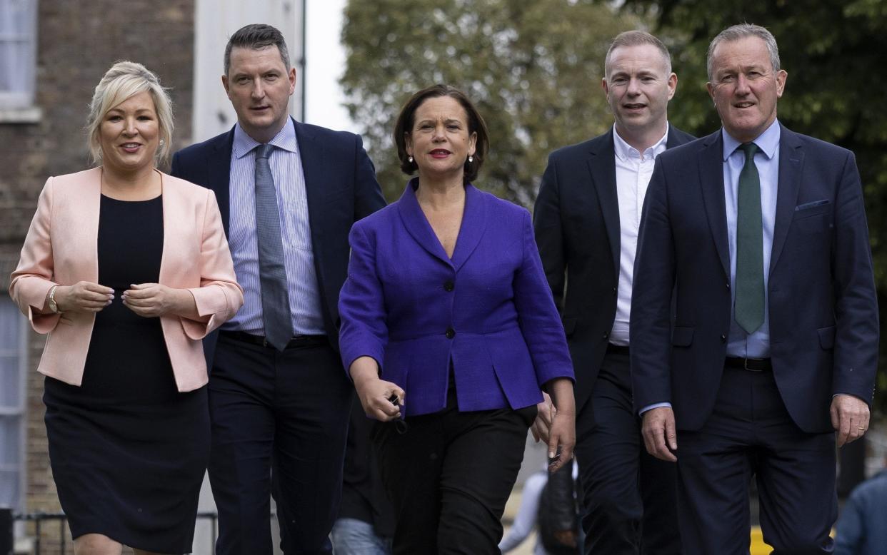 The Sinn Fein leadership of Mary Lou McDonald (centre), Michelle O'Neill (left) and Conor Murphy (right) have been in London to meet with MPs - Dan Kitwood/Getty Images