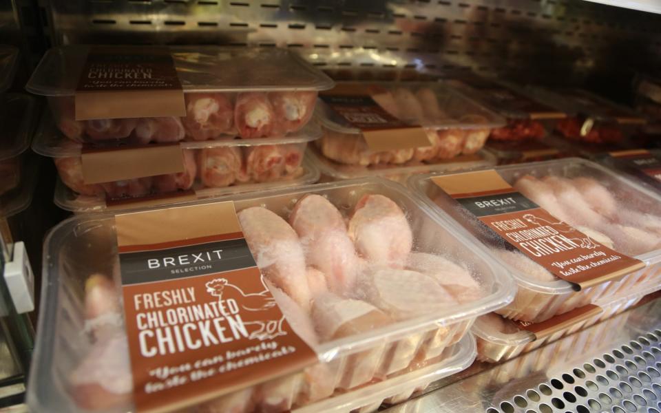 Packs of 'Brexit Selection Freshly Chlorinated Chicken' sit on display at 'Costupper' Brexit Minimart pop-up store, set up by the People's Vote campaign group, - Anadolu