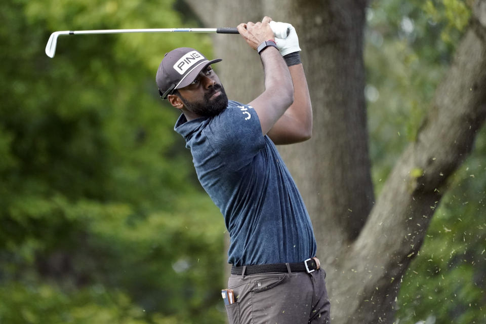 Sahith Theegala hits from the eighth tee during the first round of the St. Jude Championship golf tournament Thursday, Aug. 11, 2022, in Memphis, Tenn. (AP Photo/Mark Humphrey)