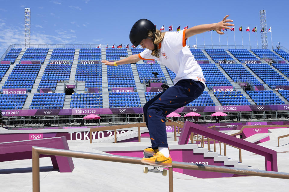 Keet Oldenbeuving of the Netherlands trains during a street skateboarding practice session at the 2020 Summer Olympics, Friday, July 23, 2021, in Tokyo, Japan. (AP Photo/Markus Schreiber)