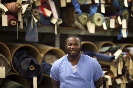 Inmate Brandon Hargrose, 31, poses in the furniture shop during a media tour of the Curran-Fromhold Correctional Facility in Philadelphia, Pennsylvania, August 7, 2015. REUTERS/Mark Makela