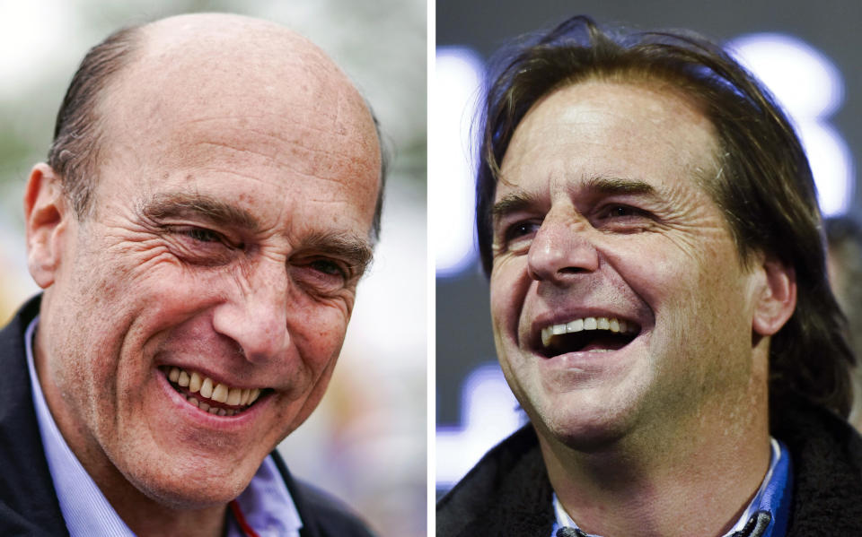 This combination of file photos shows presidential candidate of the Broad Front ruling party Daniel Martinez, left, on Oct. 20, 2019, and rival Luis Lacalle Pou, leader of the opposition National Party, on Oct. 22, 2019, both in Montevideo, Uruguay. Lacalle Pou, who lost the presidential runoff five years ago, held a noticeable though apparently single-digit lead over the Broad Front’s Daniel Martínez in polls heading into the vote on sunday, Nov. 24, 2019. (AP File Photos/Matilde Campodonico)