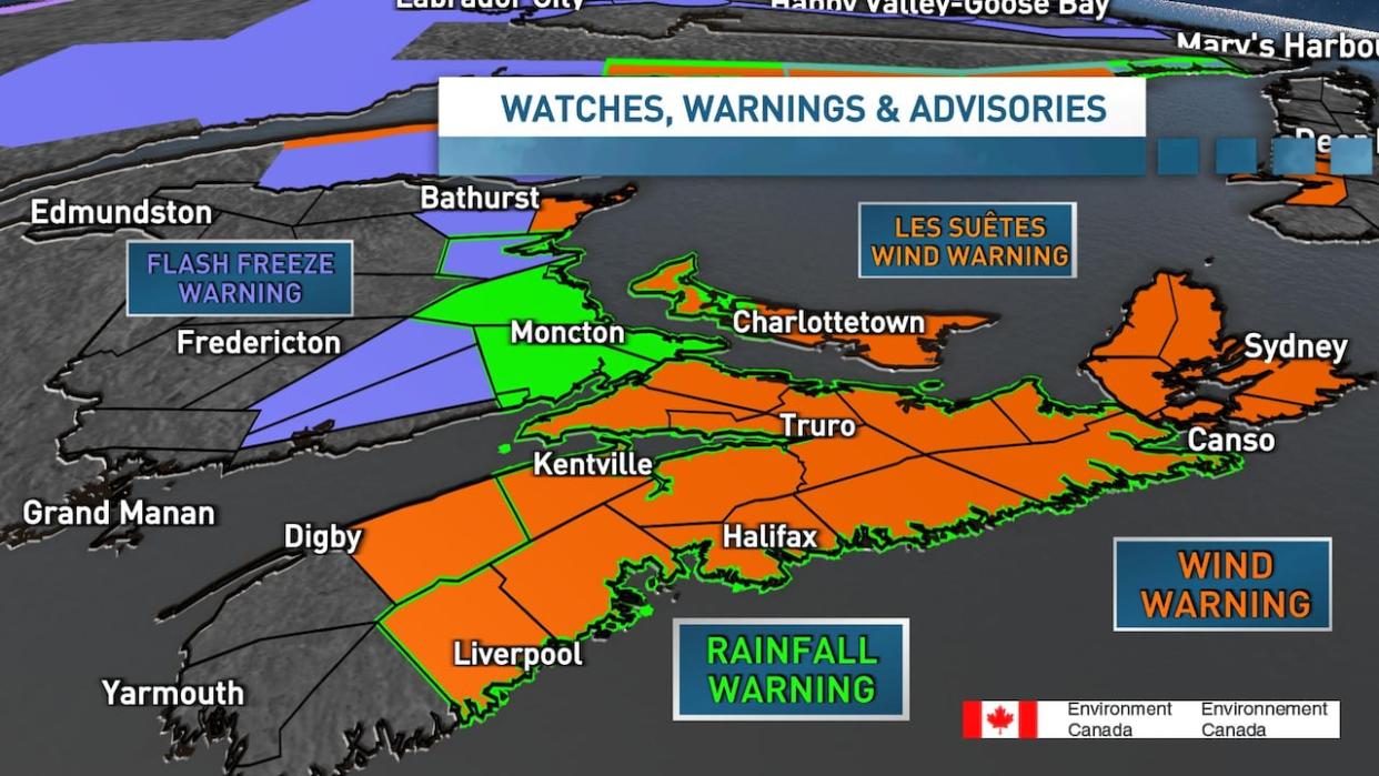 CBC meteorologist Tina Simpkin says between 20 to 50 millimetres of rain is forecasted and wind gusts between 90 to 100 km/h are likely. She said temperatures are expected to fall below zero by the afternoon on the mainland and later Thursday on Cape Breton (Tina Simpkin/CBC - image credit)