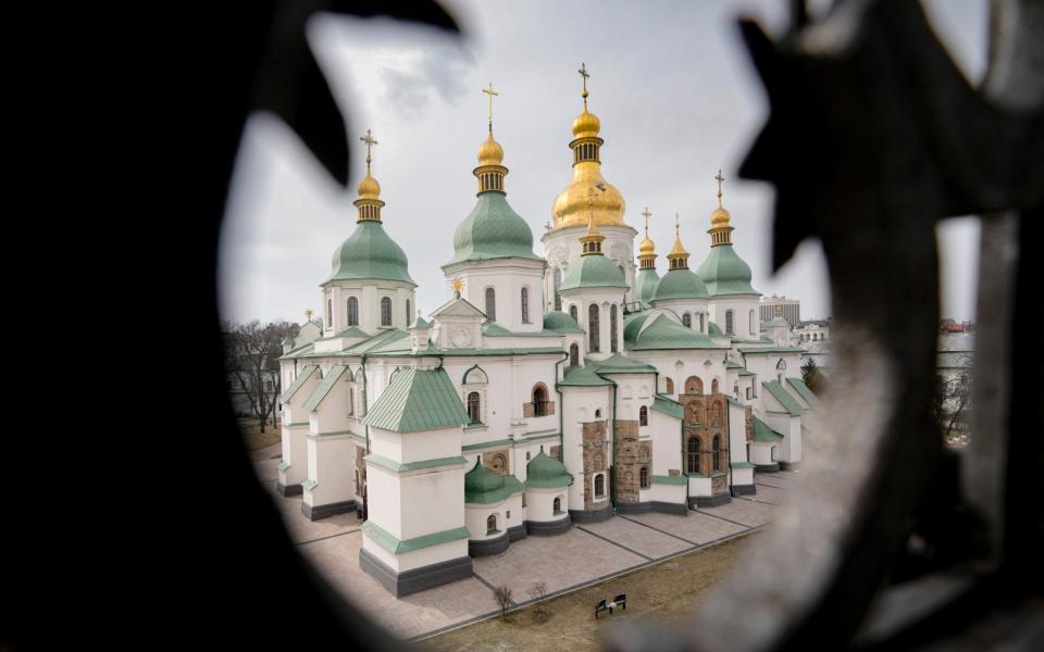 The Saint Sophia Cathedral, a Unesco World Heritage Site is seen from a surrounding wall tower in Kyiv, Ukraine on March 26 - Vadim Ghirda/AP