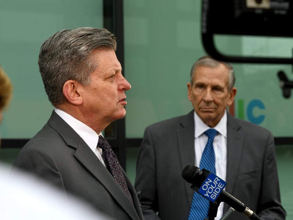 Canton Health Commissioner James Adams, left, with Mayor Thomas Bernabei speaks to reporters on March 11, 2020, after Ohio health officials announced that a Stark County patient was isolated at Mercy Medical Center after testing positive for coronavirus.