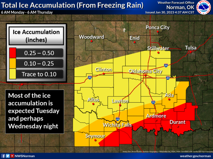 The Wichita Falls area may get from .1-inch to a half inch of ice accumulation from freezing rain.