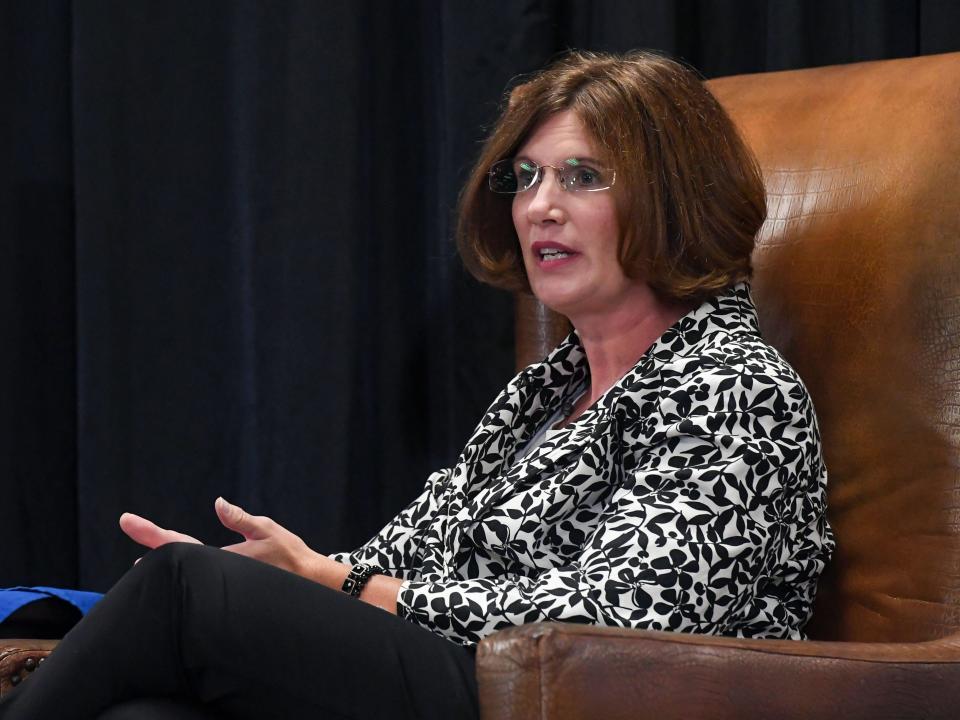 Rebecca Wimmer, coordinator of community partnerships and afterschool programs for the Sioux Falls School District, speaks on the childcare crisis on Monday, August 1, 2022, at a Rotary Club meeting at the Holiday Inn Sioux Falls - City Centre.