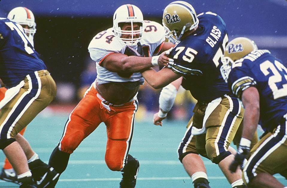 <p>Before his A-list movie career, Dwayne Johnson was a college <a href="https://www.sbnation.com/college-football/2018/5/1/17305438/warren-sapp-dwayne-the-rock-johnson-miami-teammates" rel="nofollow noopener" target="_blank" data-ylk="slk:football star for the University of Miami;elm:context_link;itc:0;sec:content-canvas" class="link ">football star for the University of Miami</a>. He was a defensive lineman and played until he graduated in 1995. After college, Johnson attempted to make it professionally, but ended up pivoting to a wrestling career for the WWE. </p>