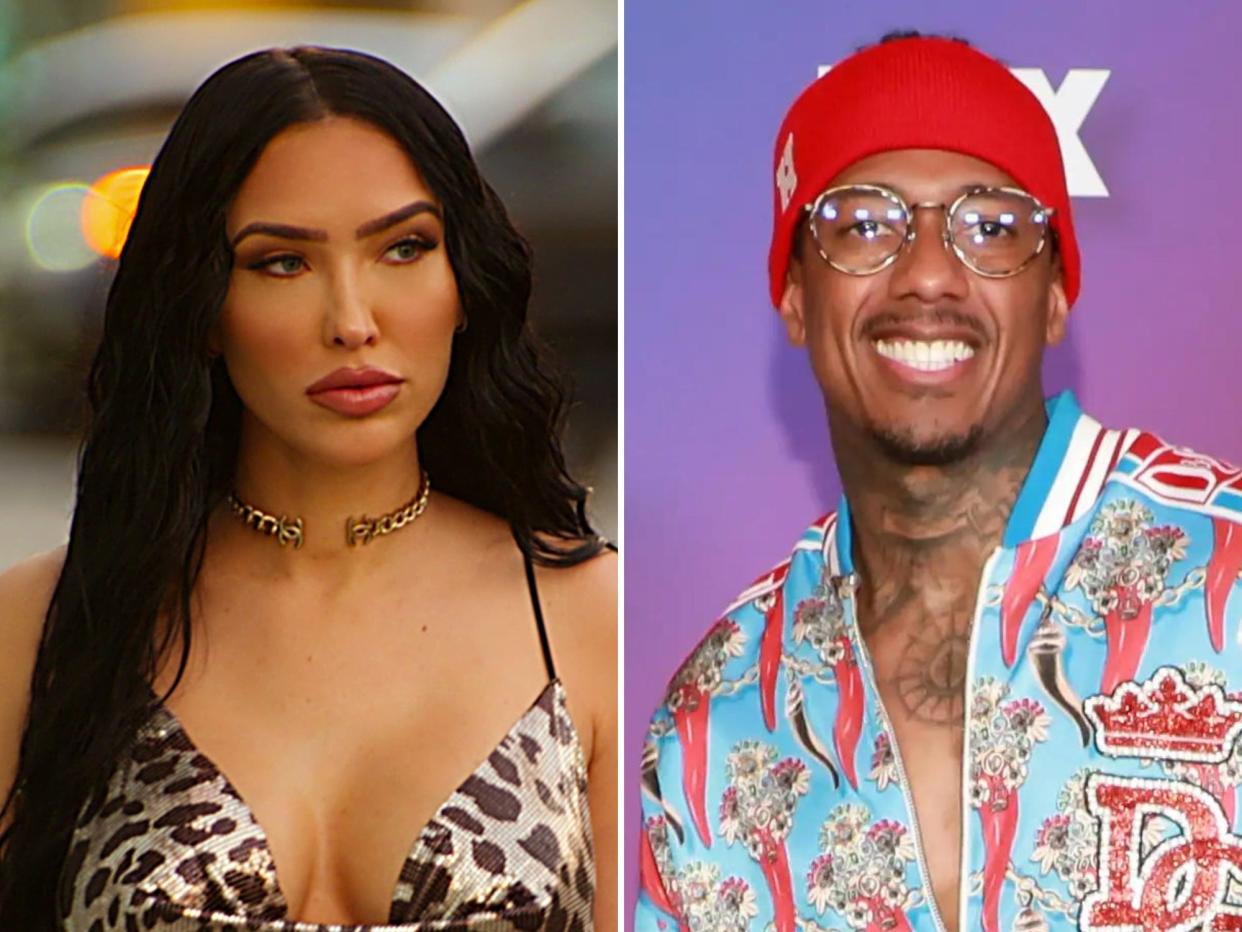 left: bri tiesi, a young woman with long dark hair wearing a cheetah print, low cut dress; right: nick cannon in a blue sweatsuit jacket and a red sweatband on his head, wearing glasses and smiling