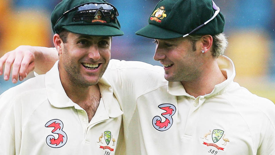 Simon Katich and Michael Clarke in 2005. (Photo by Hamish Blair/Getty Images)