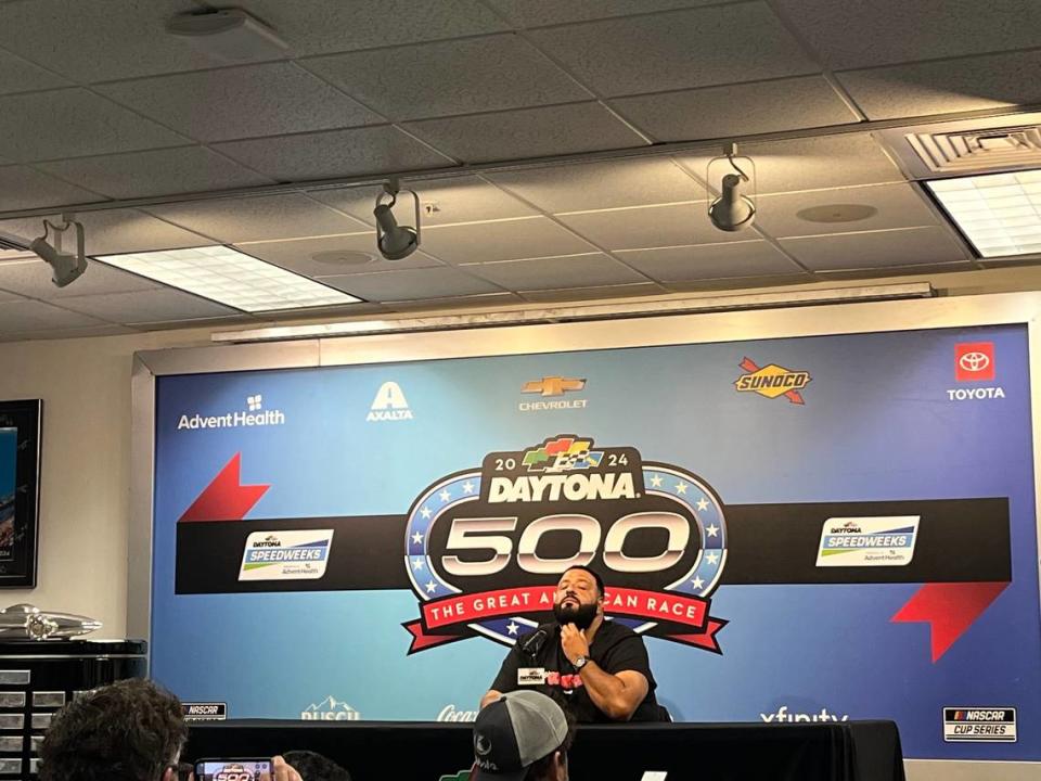 DJ Khaled, the world-famous music superstar, speaks at Daytona International Speedway on Sunday.