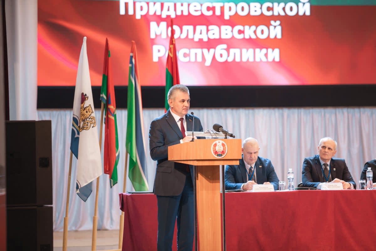 Vadim Krasnoselsky, the head of Transnistria - Moldova’s pro-Russian breakaway region, gives a speech during a congress of Transnistrian deputies in Tiraspol (AFP via Getty Images)