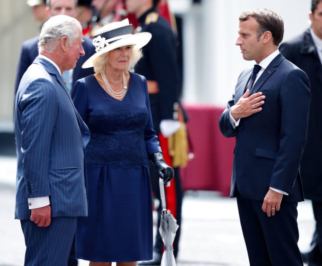 Prince Charles, Prince of Wales, Camilla, Duchess of Cornwall and French president Emmanuel Macron attend a ceremony in Carlton Gardens to commemorate the 80th anniversary of General de Gaulle's 'Appel' speech on June 18, 2020 in London.
