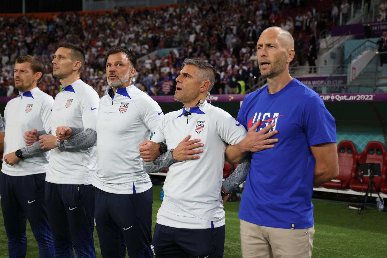 DOHA, QATAR - DECEMBER 3: Gregg Berhalter head coach of the United States and his bench during a FIFA World Cup Qatar 2022 Round of 16 match between Netherlands and USMNT at Khalifa International Stadium on December 3, 2022 in Doha, Qatar. (Photo by John Dorton/ISI Photos/Getty Images)