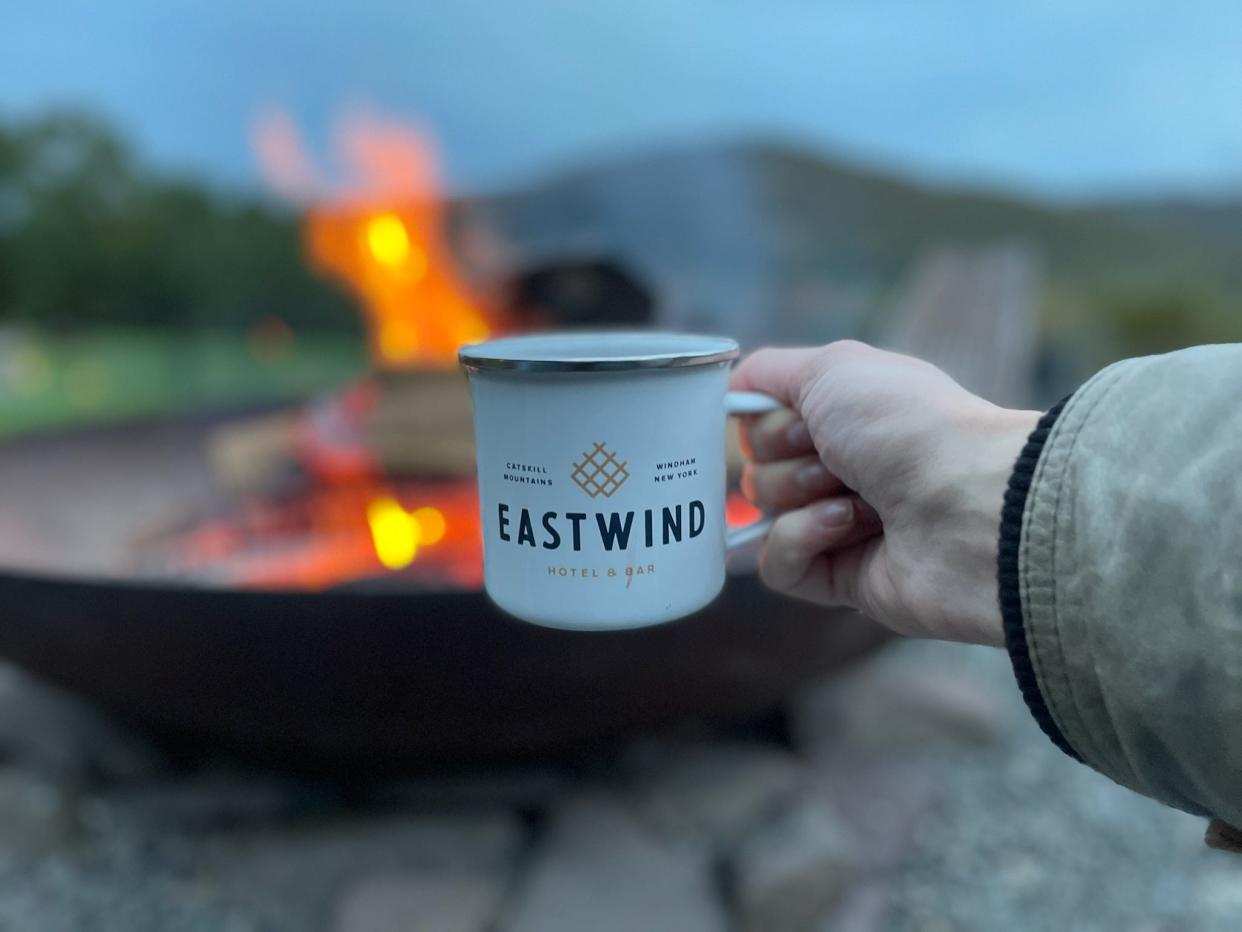 Eastwind Hotel in the Catskills provides access to outdoor Scandinavian saunas and a trio of cabana-like hammocks overlooking the fall foliage.