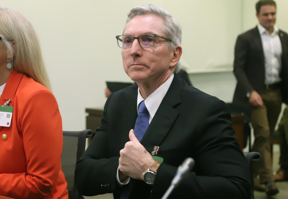 Suncor Energy Inc. president and CEO Rich Kruger waits to appear before the House of Commons Standing Committee on Natural Resources in Ottawa, Monday, Oct. 16, 2023. THE CANADIAN PRESS/ Patrick Doyle