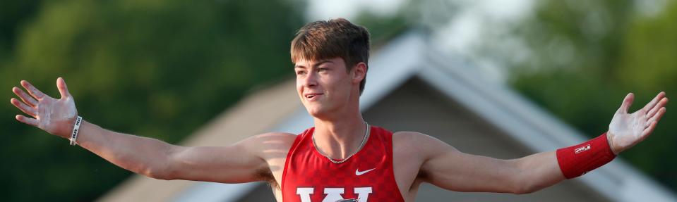 West Lafayette Wyatt Curl celebrates after getting his PR in pole vault during the IHSAA boys track and field sectional meet, Thursday, May 18, 2023, at West Lafayette High School in West Lafayette, Ind. 