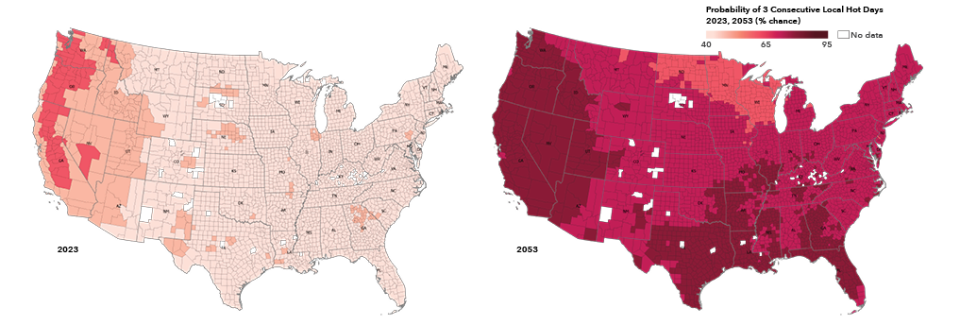 This map shows an increasing likelihood of heatwaves in 30 years.