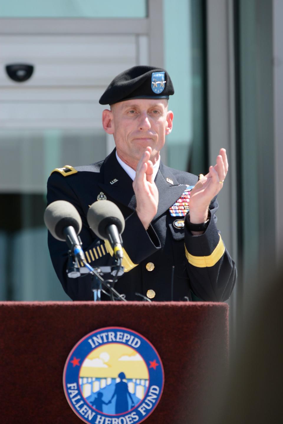 Maj. Gen. Gary Volesky speaks at the Intrepid Fallen Heroes Fund dedication of the new Intrepid Spirit Center on Sept. 8, 2014, at Fort Campbell, Ky.