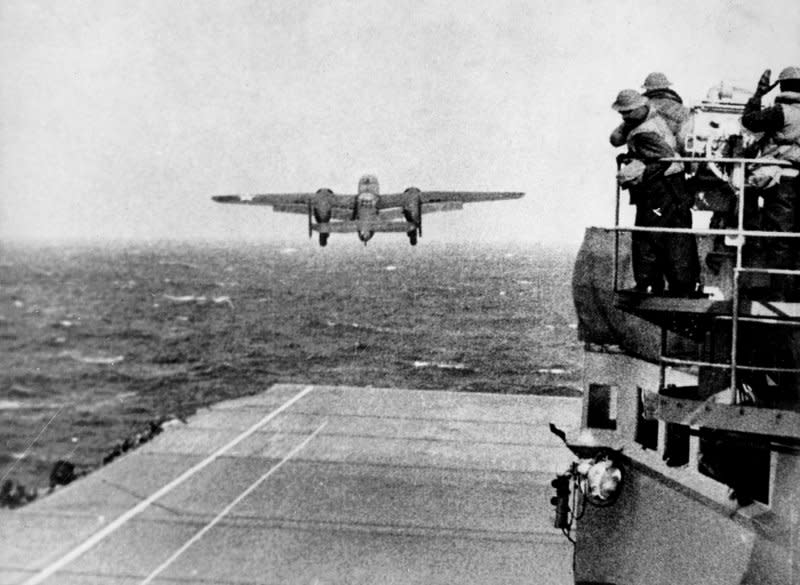 A U.S. Army Air Forces B-25B Mitchell bomber takes off from the USS Hornet aircraft carrier to take part in the first U.S. bombing of Japan on April 18, 1942. File Photo courtesy NARA