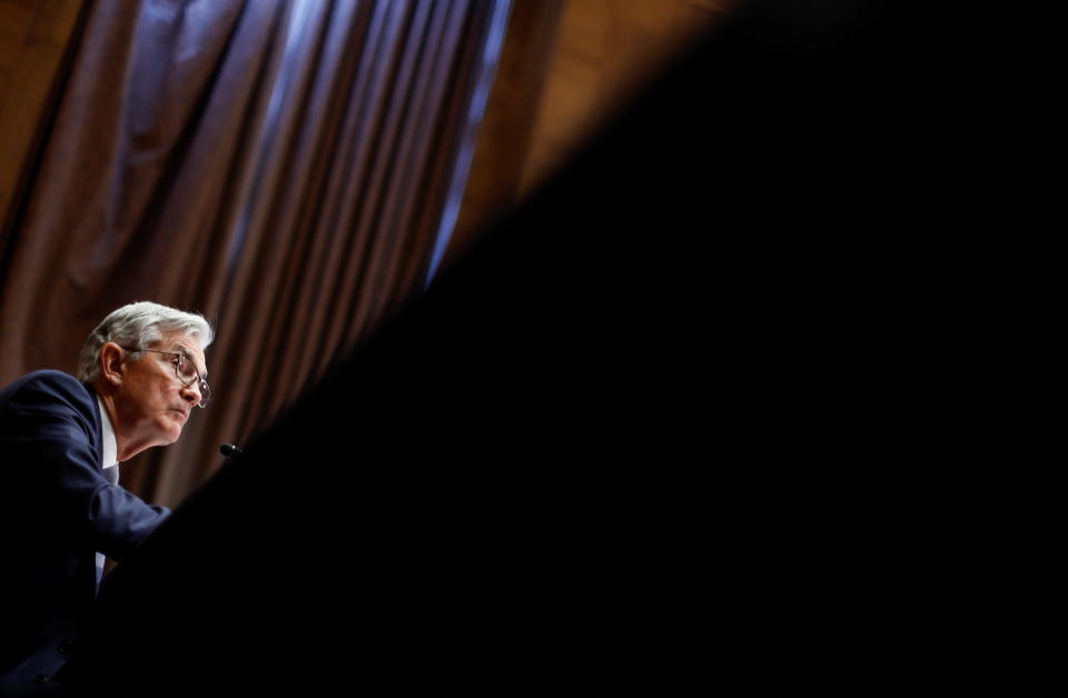 U.S. Federal Reserve Chair Jerome Powell testifies before a Senate Banking, Housing, and Urban Affairs Committee hearing on the Fed's 