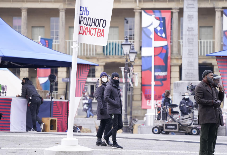 Crew on the set for the filming of Marvel's Secret Invasion, at The Piece Hall in Halifax, West Yorkshire. Picture date: Friday January 28, 2022.