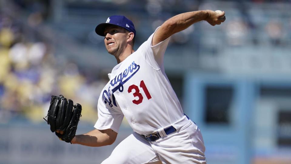 Los Angeles Dodgers starting pitcher Tyler Anderson throws.