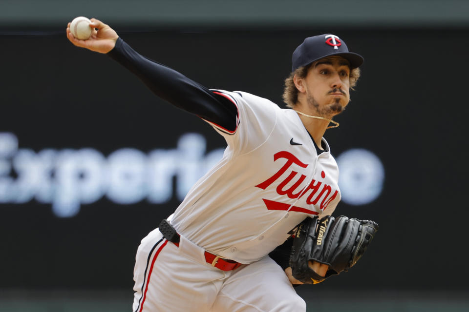 Minnesota Twins starting pitcher Joe Ryan throws to the New York Yankees in the first inning of a baseball game Thursday, May 16, 2024, in Minneapolis. (AP Photo/Bruce Kluckhohn)