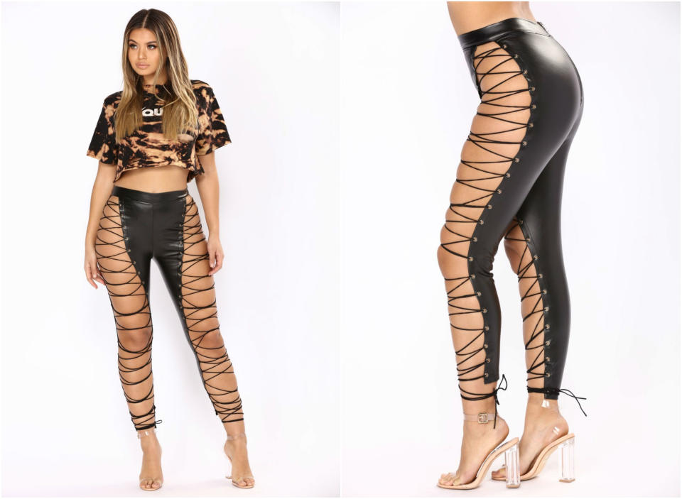 <p>También hemos encontrado una <a rel="nofollow noopener" href="https://www.fashionnova.com/products/wild-hearts-lace-up-pants-black" target="_blank" data-ylk="slk:versión larga de estos pantalones;elm:context_link;itc:0;sec:content-canvas" class="link ">versión larga de estos pantalones</a> por 49,99 dólares. (Foto: Fashion Nova). </p>