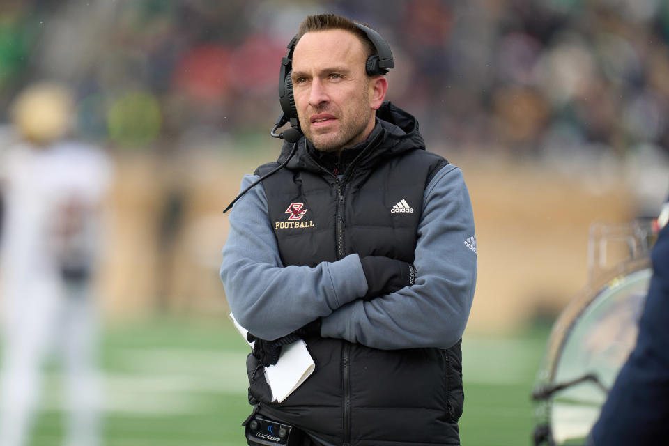 SOUTH BEND, IN - NOVEMBER 19: Boston College Eagles head coach Jeff Hafley looks on in action during a game between the Notre Dame Fighting Irish and the Boston College Eagles on November 19, 2022 at Notre Dame Stadium in South Bend, IN. (Photo by Robin Alam/Icon Sportswire via Getty Images)