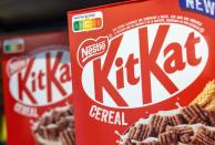Boxes of KitKat cereals, part of food giant Nestle's portfolio, are seen at the company’s headquarters in Vevey