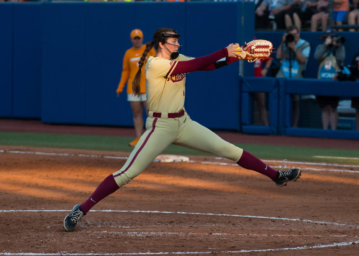 Florida State pitcher Kathryn Sandercock throws a pitch against Tennessee during the Women's College World Series on June 5, 2023. (Brett Rojo/USA TODAY Sports)