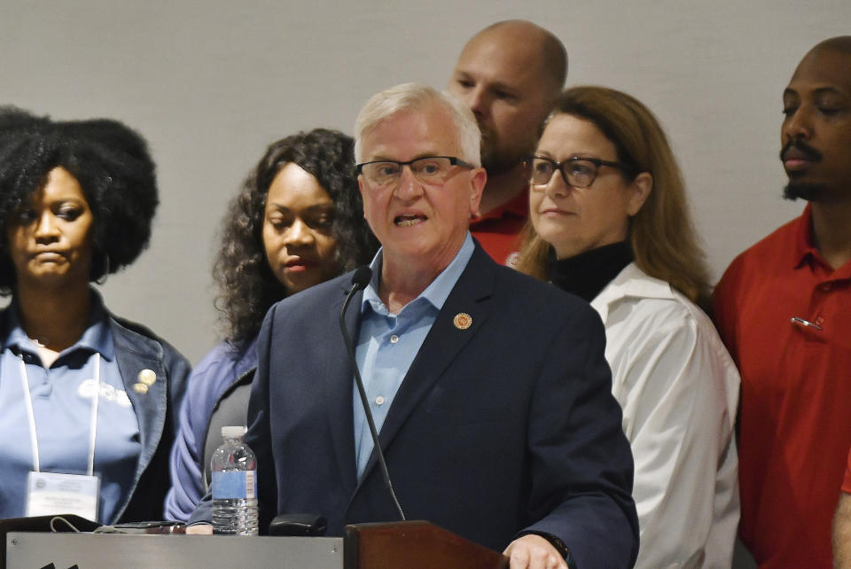 Terry Dittes, director of the UAW General Motors department, announces on Sunday Sept. 15, 2019, that GM workers will go on a national strike at midnight in the Marriott Renaissance Hotel, in Detroit. (Clarence Tabb Jr./Detroit News via AP)